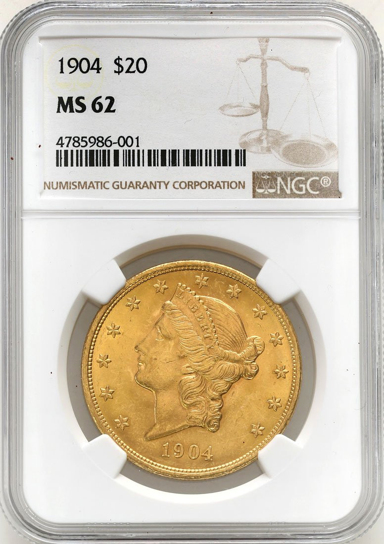 USA 20 dolarów Liberty 1904 Filadelfia NGC MS62
